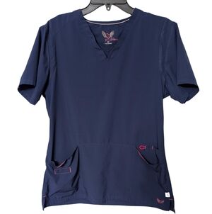 Smitten Women's Navy Short Sleeve V-Neck Nurse Scrub Uniform Top Size Large